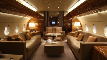 Luxurious private jet interior with elegant design.