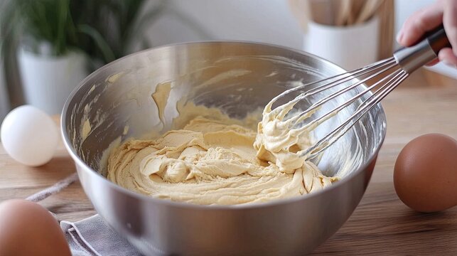 Large  cm stainless steel mixing bowl with thick pancake batter being stirred