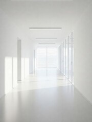 Fototapeta premium A Clean Long White Corridor with Glass Wall and Lighting