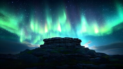 A stunning display of the northern lights over a rocky landscape under a starry sky. Concept Northern Lights, Starry Sky, Rocky Landscape, Natural Wonders, Night Photography