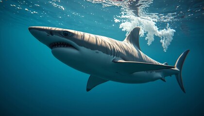 Fototapeta premium A Majestic Shark Gracefully Navigates the Deep Ocean Depths, Sunlight Filtering Through the Water's Surface, Creating a Dramatic Underwater Scene