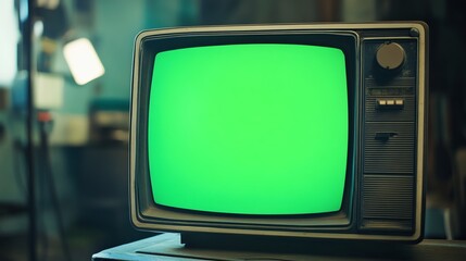 Vintage Television with Green Screen for Retro Technology or Mockup Use