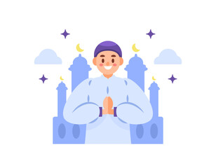 a muslim man giving greeting with illustration of a mosque. greeting and smiling. gesture and expression. flat style person character design. elements. ramadan, eid al-fitr, eid al-adha