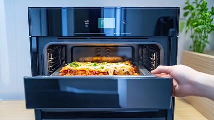 Minimalist countertop oven with a sleek black finish, warming up homemade lasagna