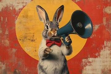 A whimsical rabbit in a bow tie holds a megaphone, perfect for Easter promotions, quirky announcements, or vintage-style advertising with a playful flair.