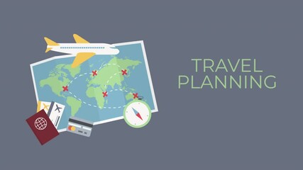 Animated flat design illustration showing elements of trip planning and vacation preparation. Includes map, airplane, passport, tickets, and navigation tools.  