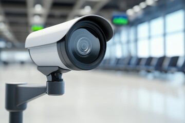 White security camera in airport terminal, monitoring waiting area.