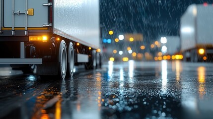 Truck driving on a rainy highway at night, blurred lights in the distance, wet asphalt reflecting city lights.