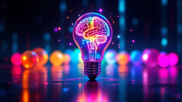  vibrant neon light bulb with brain for innovation and creativity . Glowing brain inside light bulb symbolizing AI, innovation, and creativity idea concept ,Innovation
Technology
Creativity .