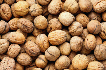 Top view of whole walnuts as background texture