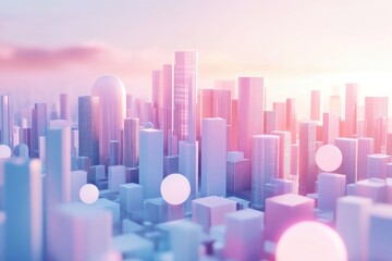 Futuristic cityscape features soft pastel colors and geometric s