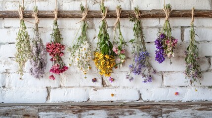Assorted dried flowers hanging on rustic wooden rod against white brick wall