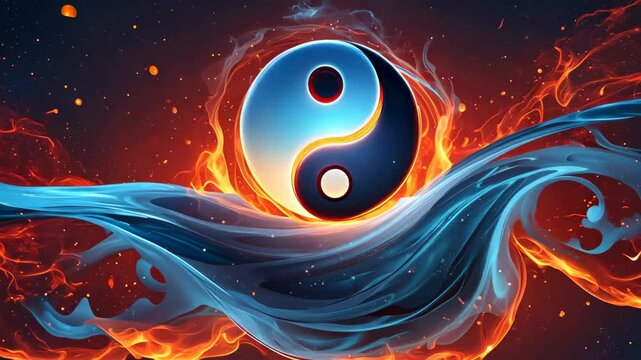 Glowing yin yang sign in night sky. Abstract background