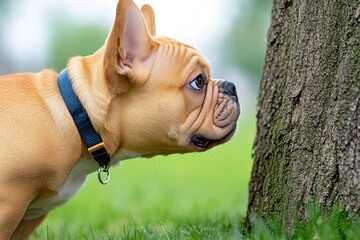 Fototapeta premium A fawn French Bulldog with a dark blue collar, sniffing curiously at a tree trunk in a grassy park, during daytime.