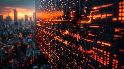 Digital financial analysis with cityscape and data visualizations for business solutions