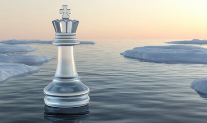 Obraz premium Glass chess king on melting ice floes at sunset climate change concept