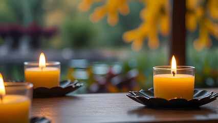 Set of spa candles is placed on a counter with a blurred background of a bright flower garden.