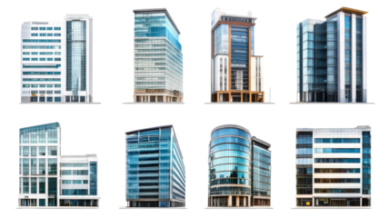 Modern office buildings isolated on transparent background: showing diverse architectural styles