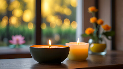 Spa candles on the counter and a bright yellow backdrop.