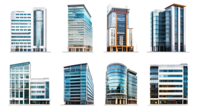 Modern office buildings isolated on transparent background: showing diverse architectural styles