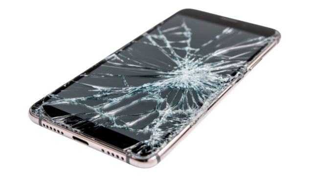 Modern smartphone showing broken display with transparent background