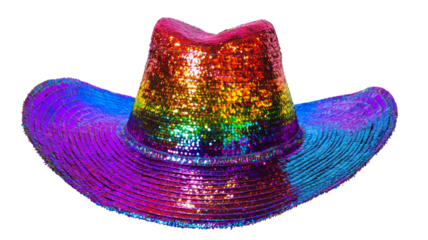 Rainbow cowboy hat shining with sequins on transparent background