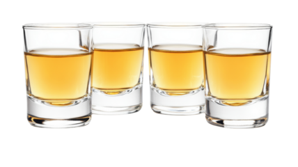 Four shot glasses filled with golden whiskey on transparent background