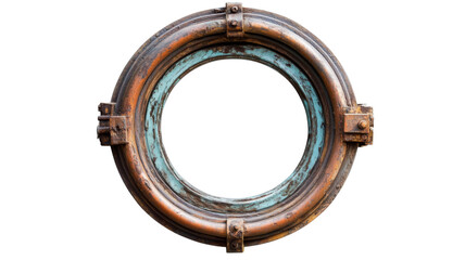 Round rusty metal ship porthole window frame isolated on transparent background