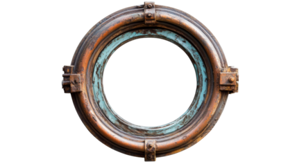 Round rusty metal ship porthole window frame isolated on transparent background