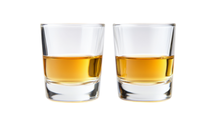 Two shot glasses containing half full golden whisky on transparent background