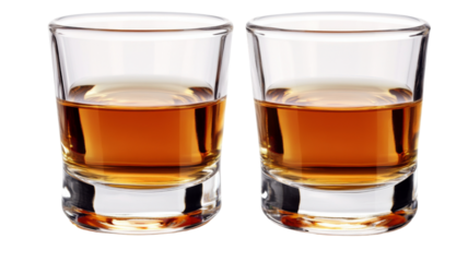 Two glasses containing delicious bourbon whiskey on transparent background