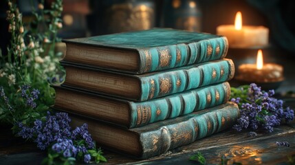 Antique Books, Candles, and Lavender: A Serene Still Life
