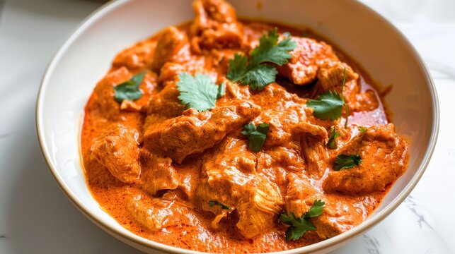 Delicious butter chicken curry with fresh cilantro garnish in white bowl. National Curry Week - Powered by Adobe