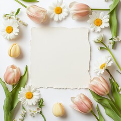 Blank torn paper with elegant floral frame of tulips, daisies, and greenery on a white background for spring design or message