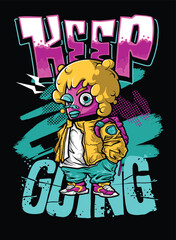 A vibrant and detailed graffiti-style illustration featuring a cool street art character wearing a snapback, hoodie, and sunglasses. The bold colors and urban aesthetic make this vector artwork perfec