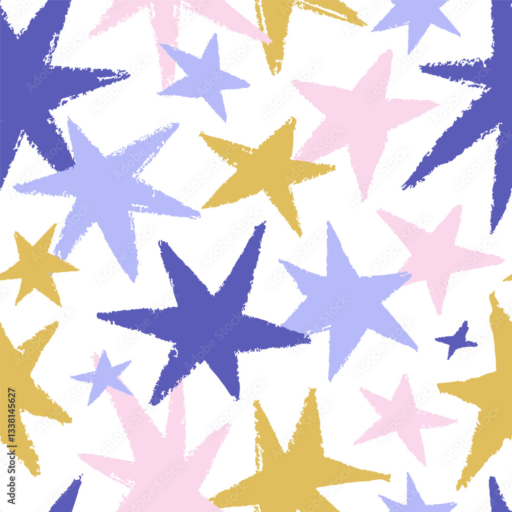 Poster Seamless stars pattern. Endless repeating starry background, print with textured sparkles in trendy modern style for textile, cloth, wallpaper, wrapping and fabric design. Flat vector illustration
