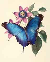 A vibrant blue butterfly perched on a delicate flower, showcasing nature's beauty.