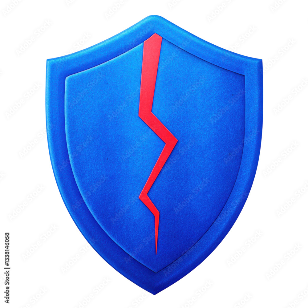 Poster cybersecurity data breach concept, shield with a red crack on a blue background isolated transparent
