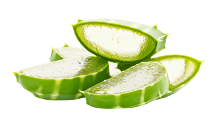Aloe vera slices falling on a transparent background