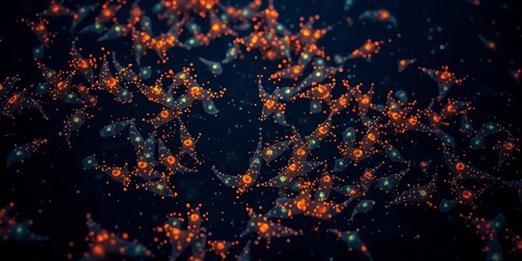 Abstract Microscopic Cellular Structures Illuminated in Vibrant Orange and Teal Hues, Displaying Intricate Detail and Complex Interconnections