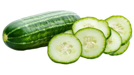 Fresh cucumber slices with whole cucumber on transparent background