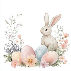 Elegant watercolor Easter bunny with pastel-colored decorated eggs and delicate spring flowers on a white background for festive designs
