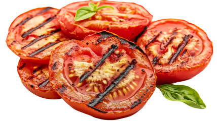Grilled tomato slices with basil on transparent background