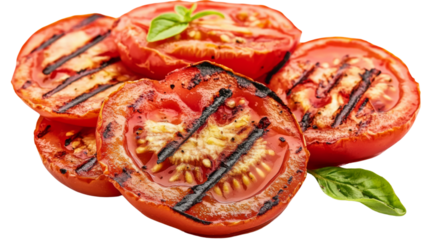 Grilled tomato slices with basil on transparent background