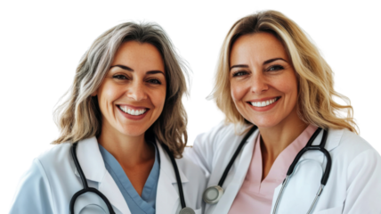 Two smiling female doctors wearing white coats and stethoscopes on transparent background