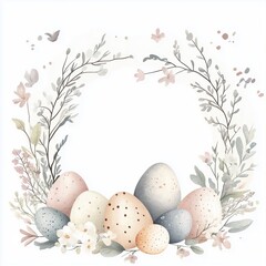 Elegant watercolor Easter eggs with delicate floral wreath in soft pastel colors on a white background for festive and seasonal designs