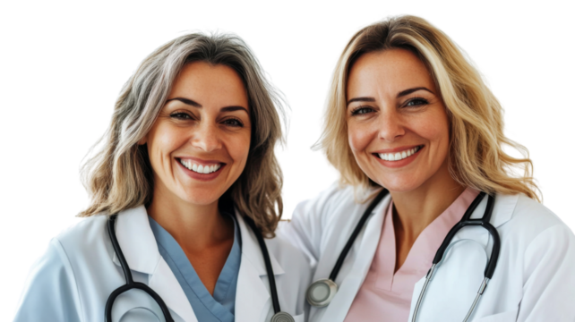 Two smiling female doctors wearing white coats and stethoscopes on transparent background