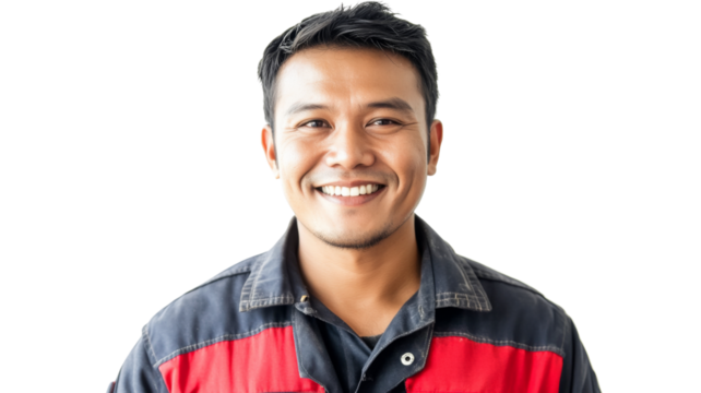 Portrait of smiling mechanic wearing uniform on transparent background