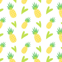Pineapple fruit, heart, seamless pattern, summer background. Vector flat style illustrations