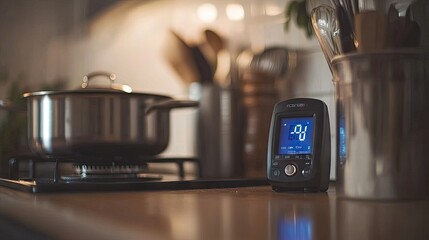 Waterproof digital timer with a blue LED screen, placed beside a boiling pot on the stove